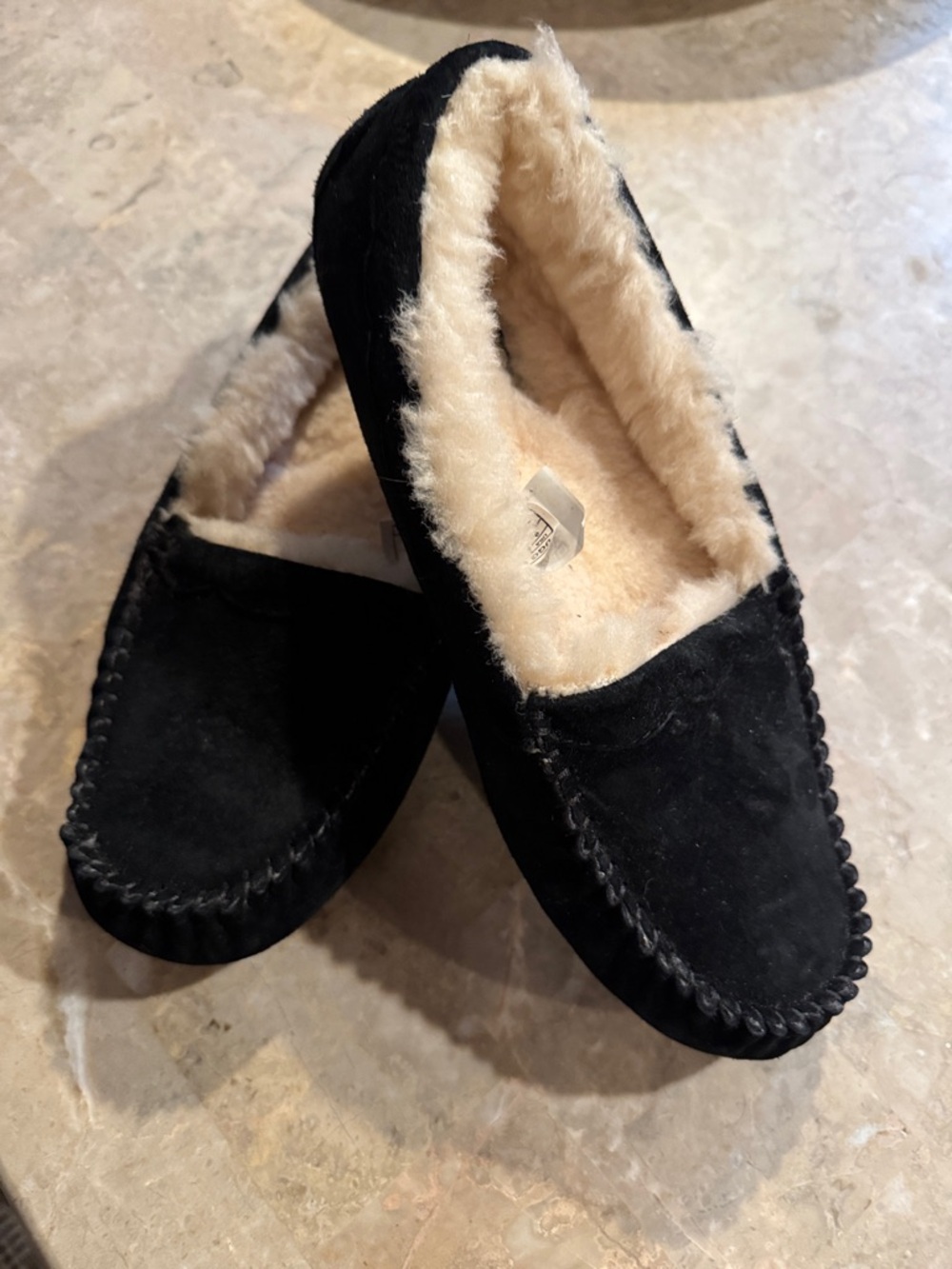New UGG Black Suede Faux Fur Lined Moccasin Slippers